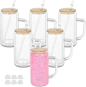 16 oz Glass Snow Globe Cup with Handle, Bamboo Lid, & Straw