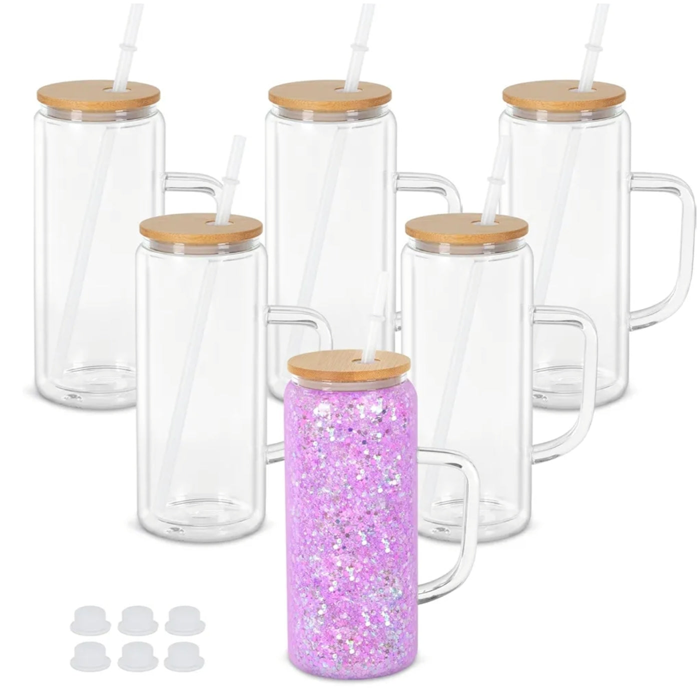 20 oz Glass Snow Globe Cup with Handle, Bamboo Lid, & Straw